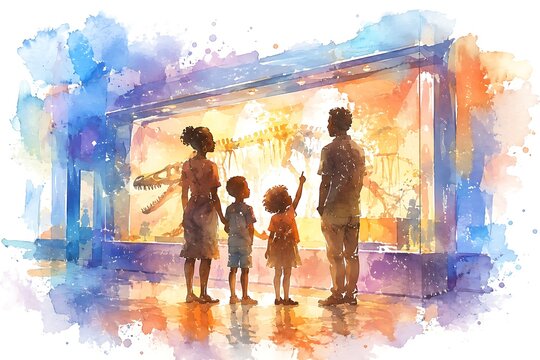 Family at museum exhibit, watercolor illustration