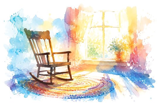 Rocking chair on braided rug, watercolor illustration