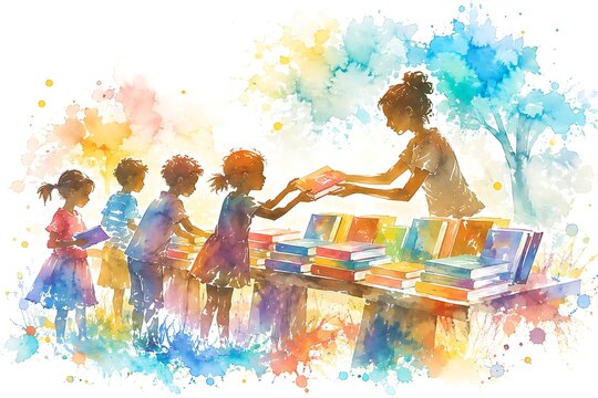 Sidewalk book giveaway table, watercolor illustration