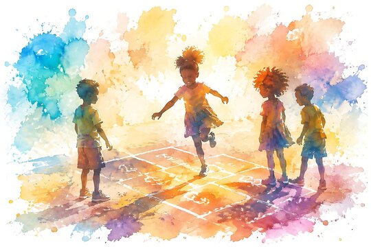Children playing hopscotch on chalk grid, watercolor illustration