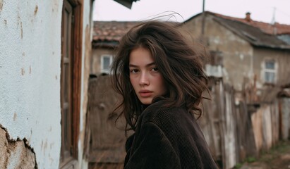 Fototapeta premium Woman Portrait in Rustic Village with Moody Overcast Sky