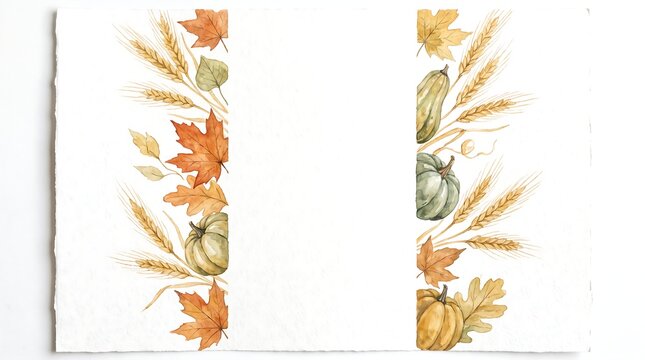 Beautiful vertical border design featuring a hallowenn and thanks giving day mix of pumpkins autumn leaves and seasonal harvest wheat