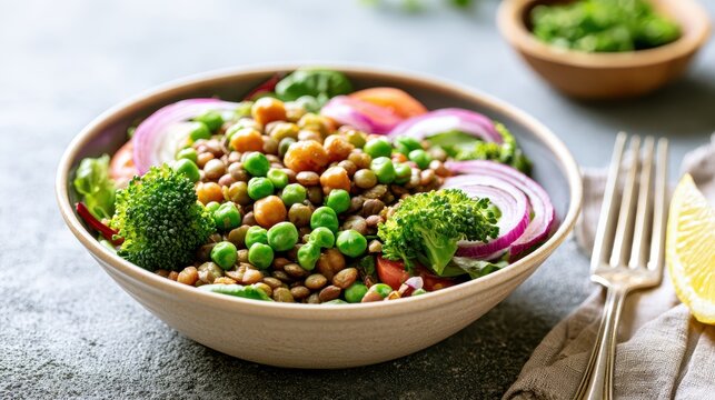 Healthy lentil salad bowl with broccoli, peas, and red onion for a nutritious vegan meal.