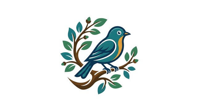 A stylized vector illustration of a blue bird with a yellow chest perched on a tree branch surrounded by green leaves, isolated on a white background.