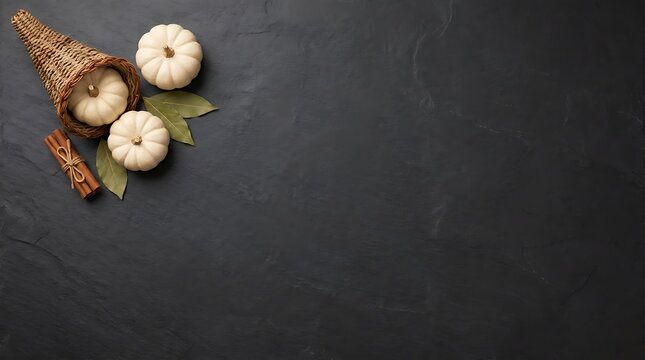 A creative hallowenn and thanks giving day mix featuring white decorative pumpkins and a cornucopia on a dark black background