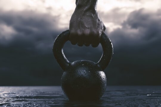Hand gripping a heavy black kettlebell for intense fitness training and strength workout