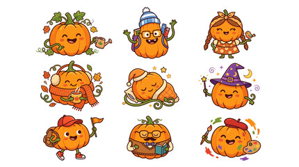 Fototapeta premium Set of cute pumpkin characters with different personalities and costumes for Halloween.