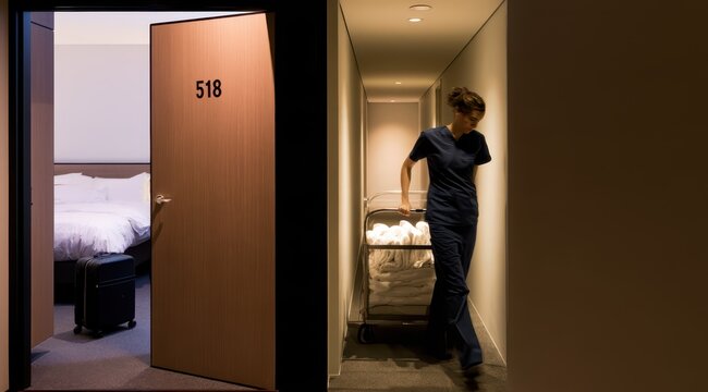 Hotel housekeeper pushing a cleaning cart in a corridor near a guest room door.