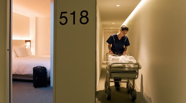 Hotel housekeeper pushing a cleaning cart in a modern hotel corridor near room 518