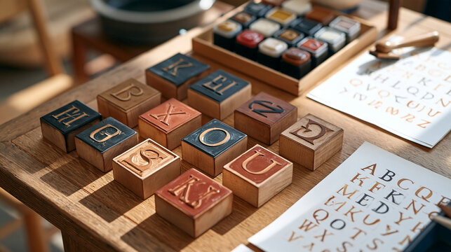 Close-up of a rubber stamp collector's hand-carved wooden block stamps laid out in a grid, each featuring a different alphabet style from block capitals to organic hand-lettered