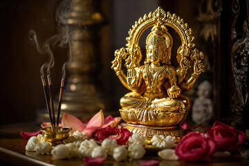 Obraz premium A small gold-plated statue on an altar with flower petals and incense sticks.