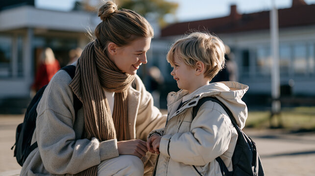 A Finnish schoolteacher walks beside a child with learning difficulties during a quiet outdoor classroom activity, crouching to their level with patience, depicting inclusive