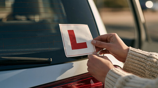 Hands showing a learner driver sticker being applied to rear windshield of first car, red letter L symbol, new driver identification, UK driving culture, first car preparation,