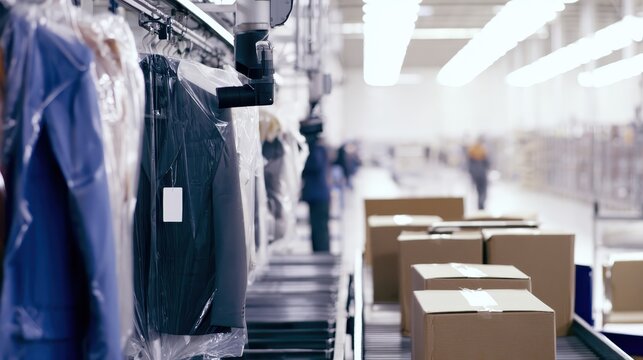 Industrial garment conveyor line with hanging clothes and shipping boxes in a warehouse