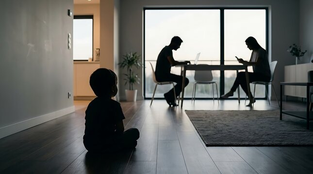 Silhouette of child sitting alone on floor while distracted parents work on laptops at table in bright modern living room representing family disconnection and tech reliance