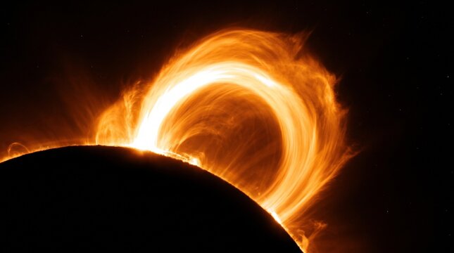 Spectacular solar flare arc bursting from behind dark planet silhouette with swirling orange plasma against starry night sky