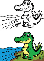 Obraz premium Cute Cartoon Crocodile by River Outline and Color Version Vector Illustration for Kids Coloring Book