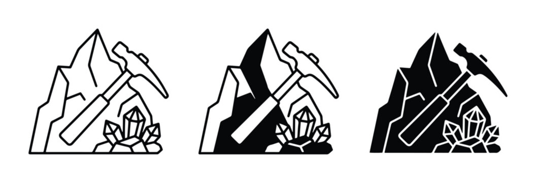 Mining Icons Set: Pickaxe, Gems, Mountains, Geology, Industry, Resource Extraction