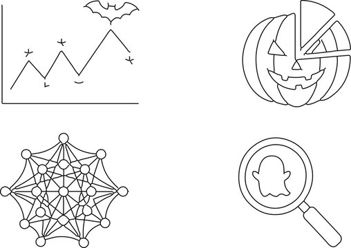 Set of four hand drawn Halloween themed icons featuring data charts and spooky elements.