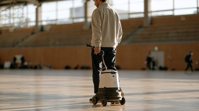 Indoor mapping session with a technician pushing a mobile ground-truth robot fitted with rotating LIDAR distance sensors through an empty sports hall, generating a floor plan