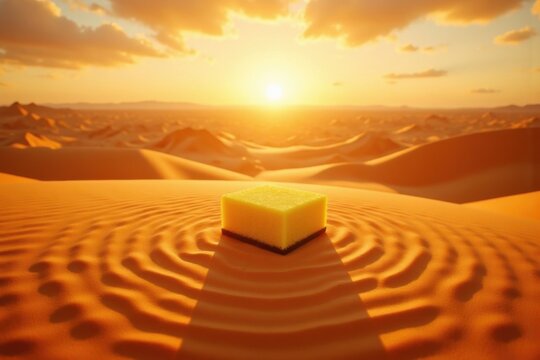 Schwam in der goldenen W&uuml;ste bei Sonnenuntergang als surrealer Landschaftskontrast