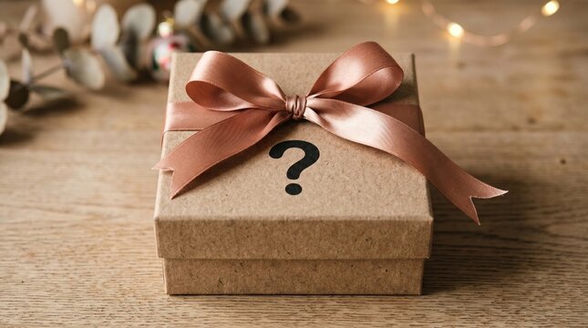 A wrapped cardboard gift box with a pink bow and a question mark symbol on a wooden surface surprise cardboard