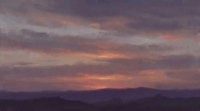 Dramatic painted storm clouds rolling over violet mountain horizon at sunset with warm orange light breaking through dark atmosphere