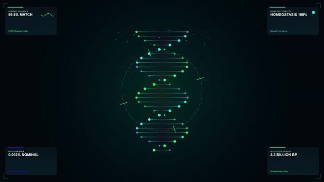 Glowing DNA strand pulses with digital precision against dark background. Floating data panels track genetic metrics in real time. Green highlights mark key mutations or traits across the helix
