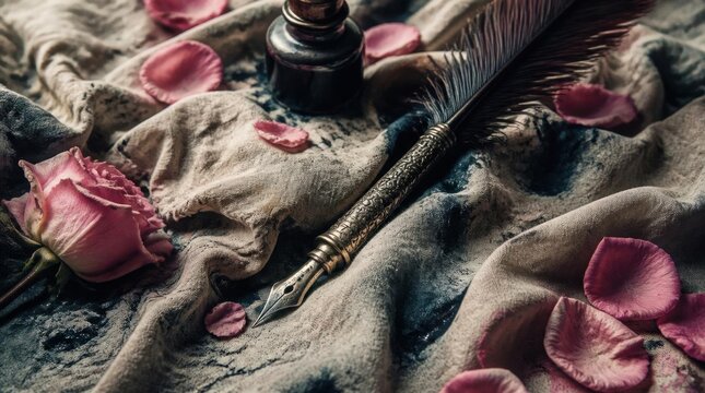 Close-up of a vintage quill pen and inkwell resting on textured fabric, scattered with pink rose petals, suggesting romance and literature.