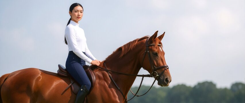 Elegant Asian Woman Riding a Chestnut Horse in an Outdoor Field during a Sunny Day with Soft Natural Lighting
