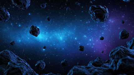 Fototapeta premium Asteroid field in deep space with glowing blue nebula and starry sky, dark rock fragment floating in cosmic background