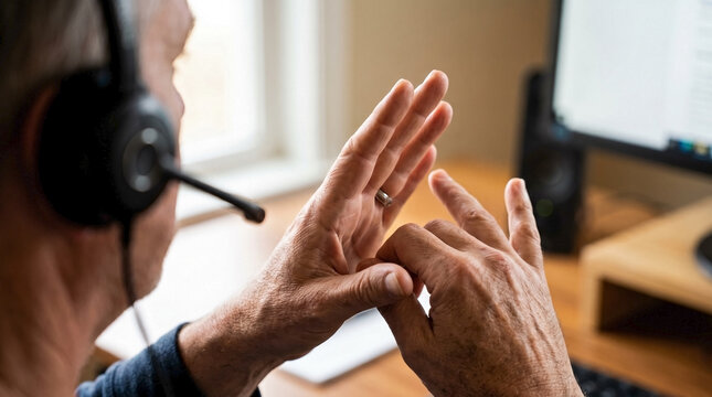 Close up of hands signing, person wearing headset communicates via sign language. Detail of hands signing message emphasizes accessible communication in professional setting.