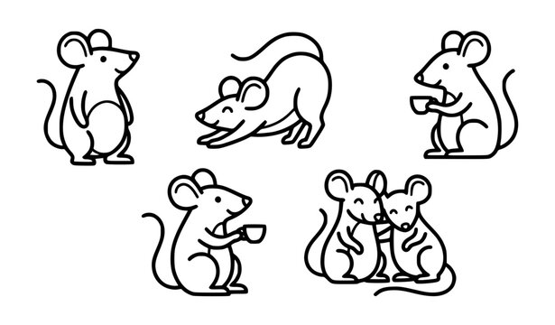 Modern cute mouse characters line art vector set with minimal outline rodents in playful poses