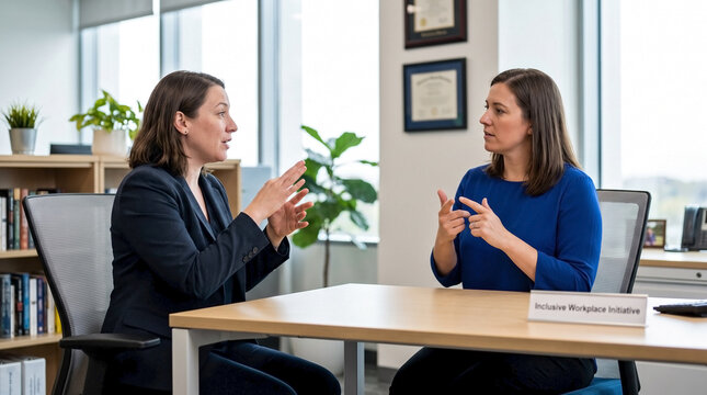 Business meeting with two women in an office, one using sign language for clear dialogue. Business meeting facilitates focused discussion and collaborative decision making among professionals.