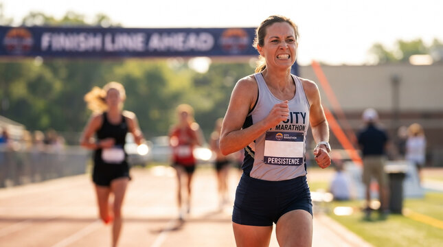 Female runner pushing forward on track, nearing finish line with determined expression, athletic performance. Racers nearby, runner pushing forward with focus and endurance.
