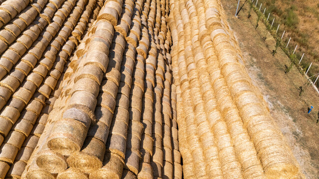 Aerial view of stacked golden hay bales arranged in neat rows on a farm field in Sabac, Vojvodina, Serbia.