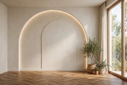 Empty room interior with arch wall design and hidden lighting, wooden floor and plants near window, modern japandi boho style mockup background