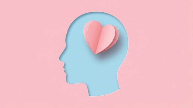 Mental health day paper craft human head silhouette with pink paper heart
