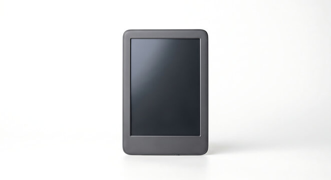 E-Reader Device: A modern e-reader with a blank dark screen sits centered on a plain background, ready for digital content.