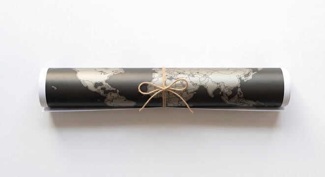 World Map Scroll: An unrolled world map, depicted in grayscale, is tied with a rustic twine bow, suggesting exploration and global connection.