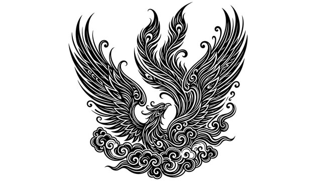 Majestic Phoenix Rising from Clouds Intricate Engraving.