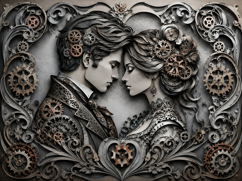 Romantic Victorian-inspired couple portrayed in an intricate steampunk relief with mechanical gears, ornate clothing and metallic details.