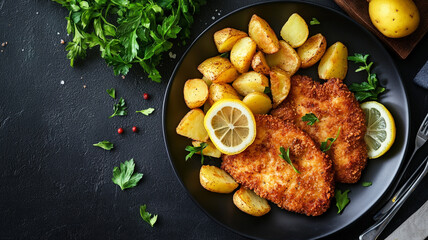 Naklejka premium Crispy pork schnitzel served with roasted potatoes and lemon wedges, ideal for traditional European dining and food lifestyle concepts