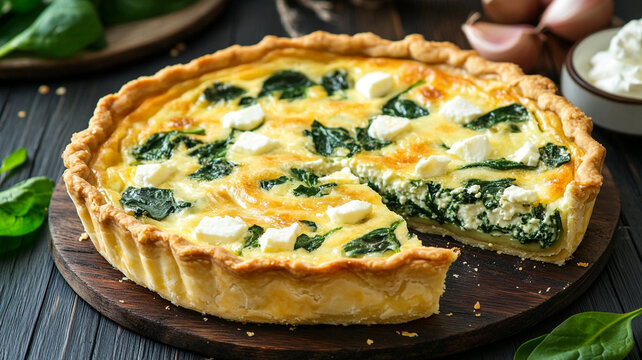 Freshly baked spinach and feta quiche on a wooden board, ideal for healthy dining and gourmet lifestyle concepts