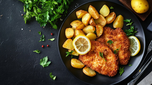 Crispy pork schnitzel served with roasted potatoes and lemon wedges, ideal for traditional European dining and food lifestyle concepts