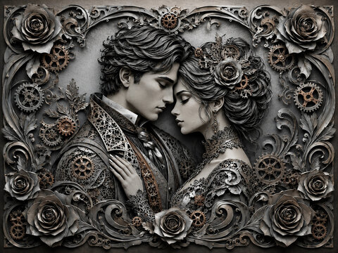 Romantic Victorian-inspired couple portrayed in an intricate steampunk relief with mechanical gears, ornate clothing and metallic details.