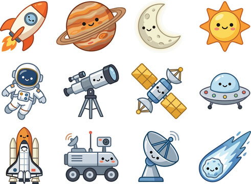 Space exploration rocket planet moon sun astronaut telescope satellite ufo shuttle rover satellite dish icon set with colorful comet space exploration flat cartoon blob background sticker