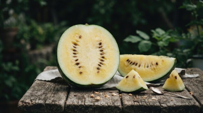 Fresh cantaloupe melon slices displayed on rustic wooden surface with green foliage