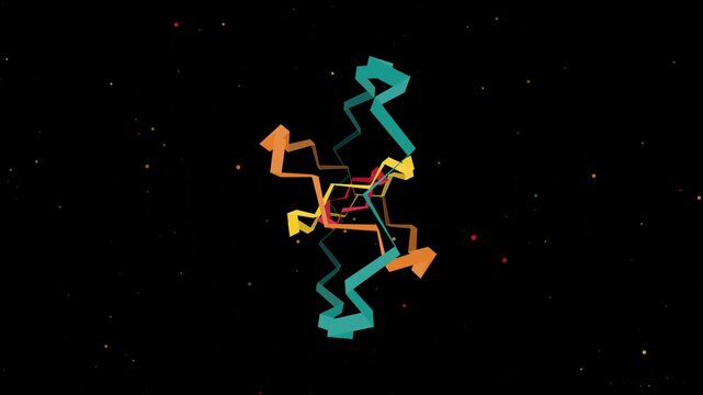 A premium 3D quantum gyroscope motion graphic featuring concentric folding origami ribbons rotating on nested axes. Emits vibrant teal, orange, and red particles against a dark space background. Perfe