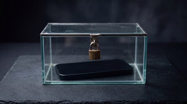 Smartphone security and digital privacy concept photo. Modern mobile phone locked inside a transparent glass box with a brass padlock on a dark slate surface. Safety and protection
